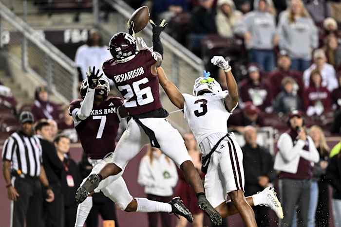 Nov 11, 2023; College Station, Texas, USA; Texas A&M Aggies defensive back Demani Richardson (26) breaks up a pass in the end zone intended for Mississippi State Bulldogs wide receiver Justin Robinson (3) at Kyle Field.